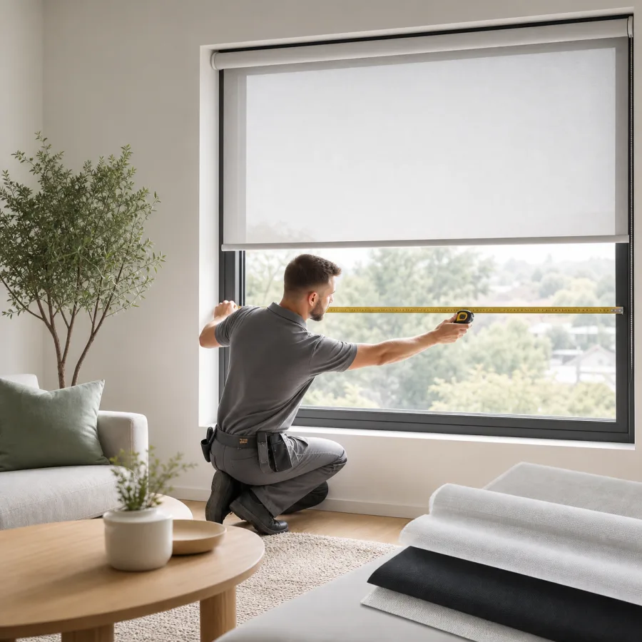 Instalador midiendo una ventana para colocar persianas