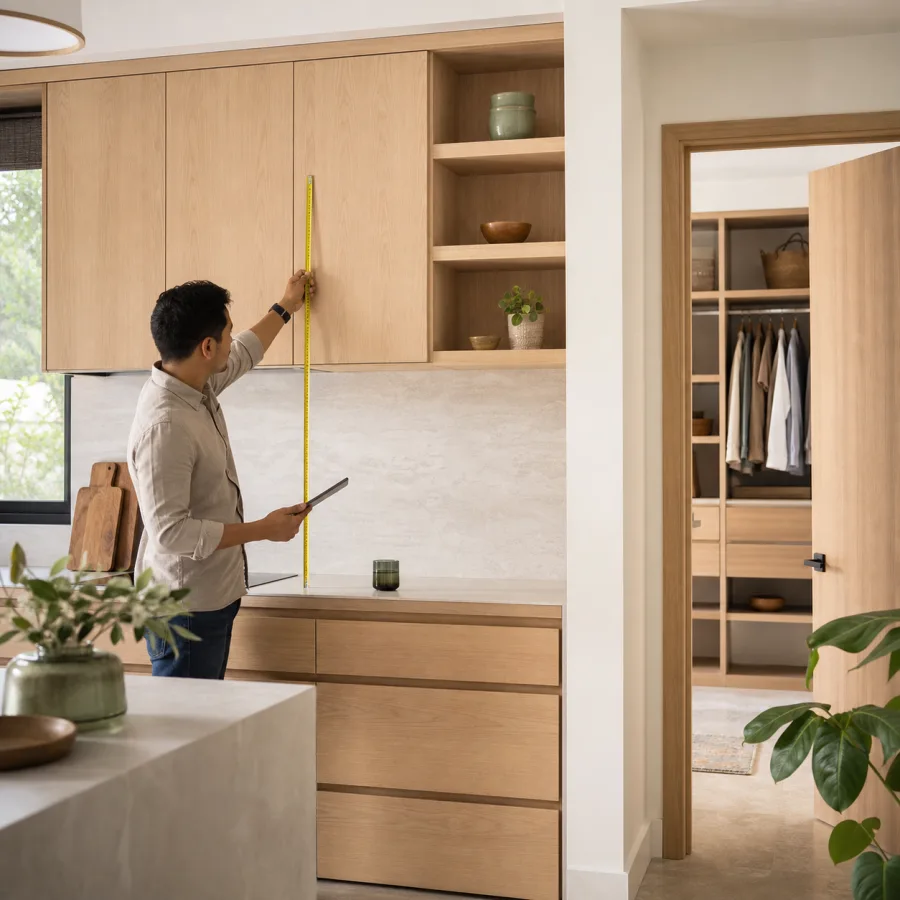 Diseñador midiendo una cocina y mobiliario a la medida