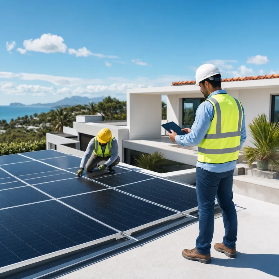 Equipo profesional revisando una instalación de paneles solares