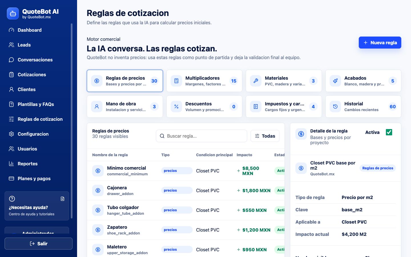 Motor de reglas real de QuoteBot AI